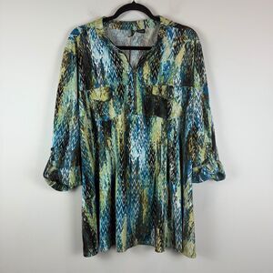 New Directions Top Women 3X Blue Green Abstract Roll-Tab Sleeve Stretch Mature